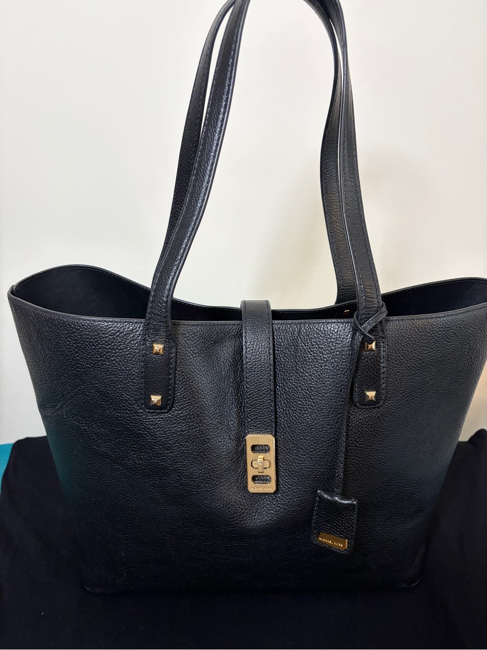 Michael Kors Black Leather Tote with Gold-Tone Accents